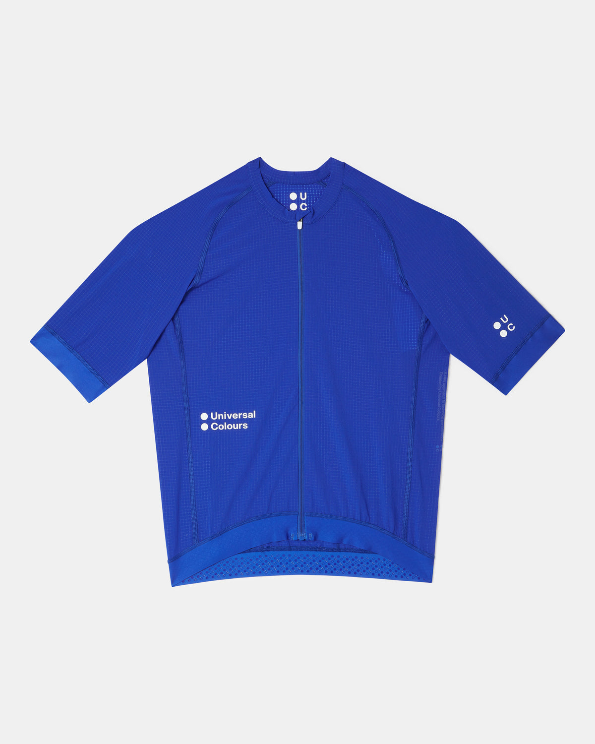 Men's Chroma Light Short Sleeve Jersey in Vivid Blue, flatlay front view showing the woven fabric and full-length zip.