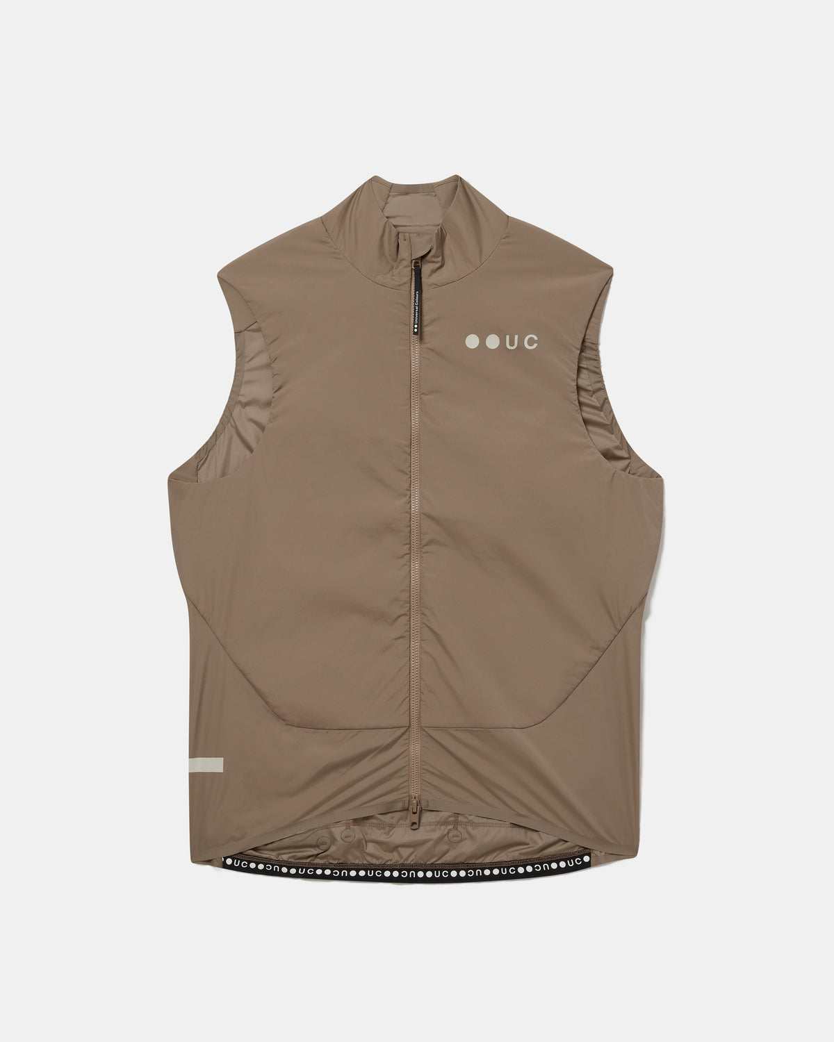 Flatlay of the Men's Chroma Insulated Gilet in Walnut Brown: high collar, two-way zip and UC chest logo.