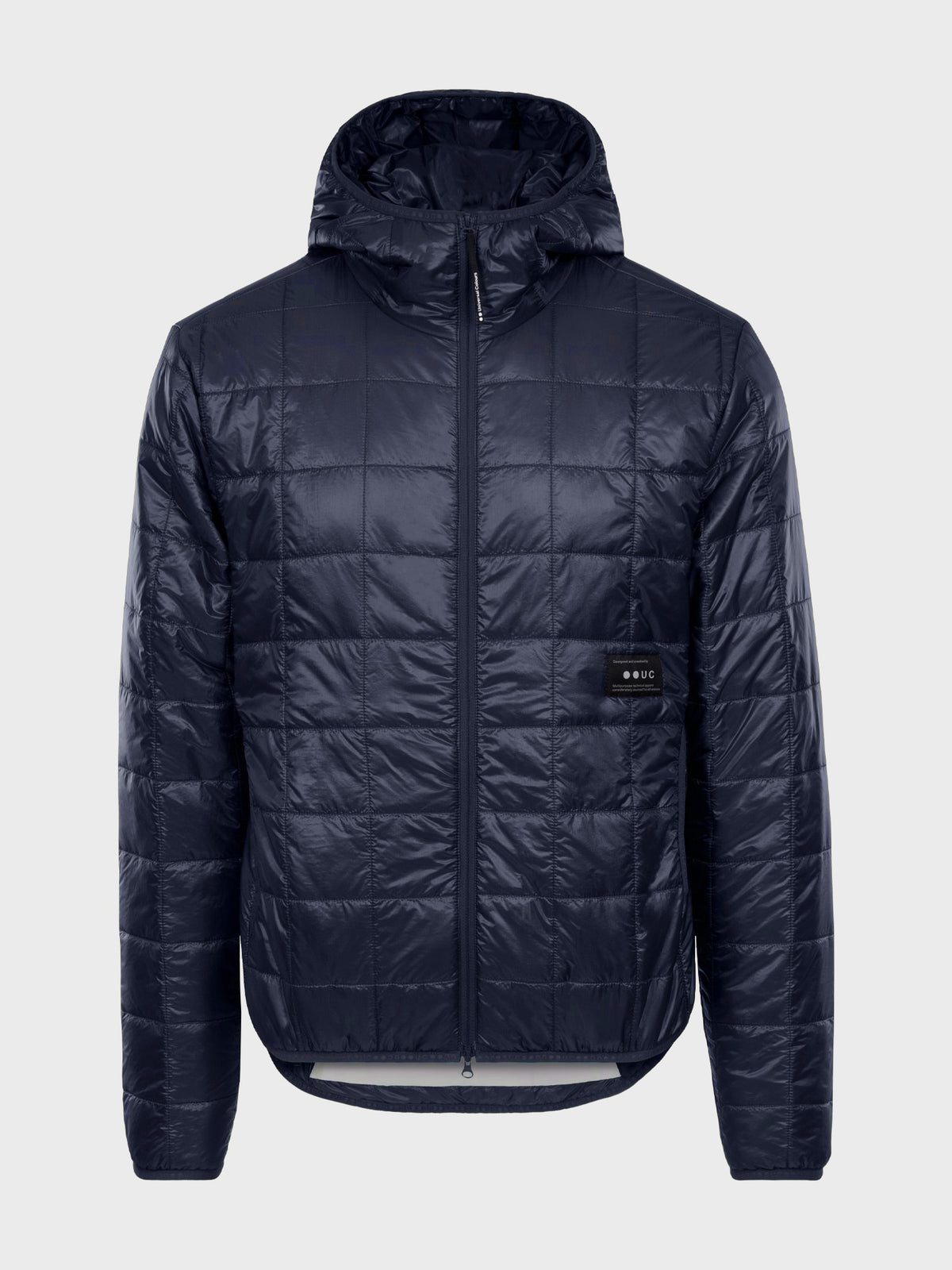 Flatlay of the Unisex Insulated Packable Jacket in Ink Blue, front view with hood and full-length zip.