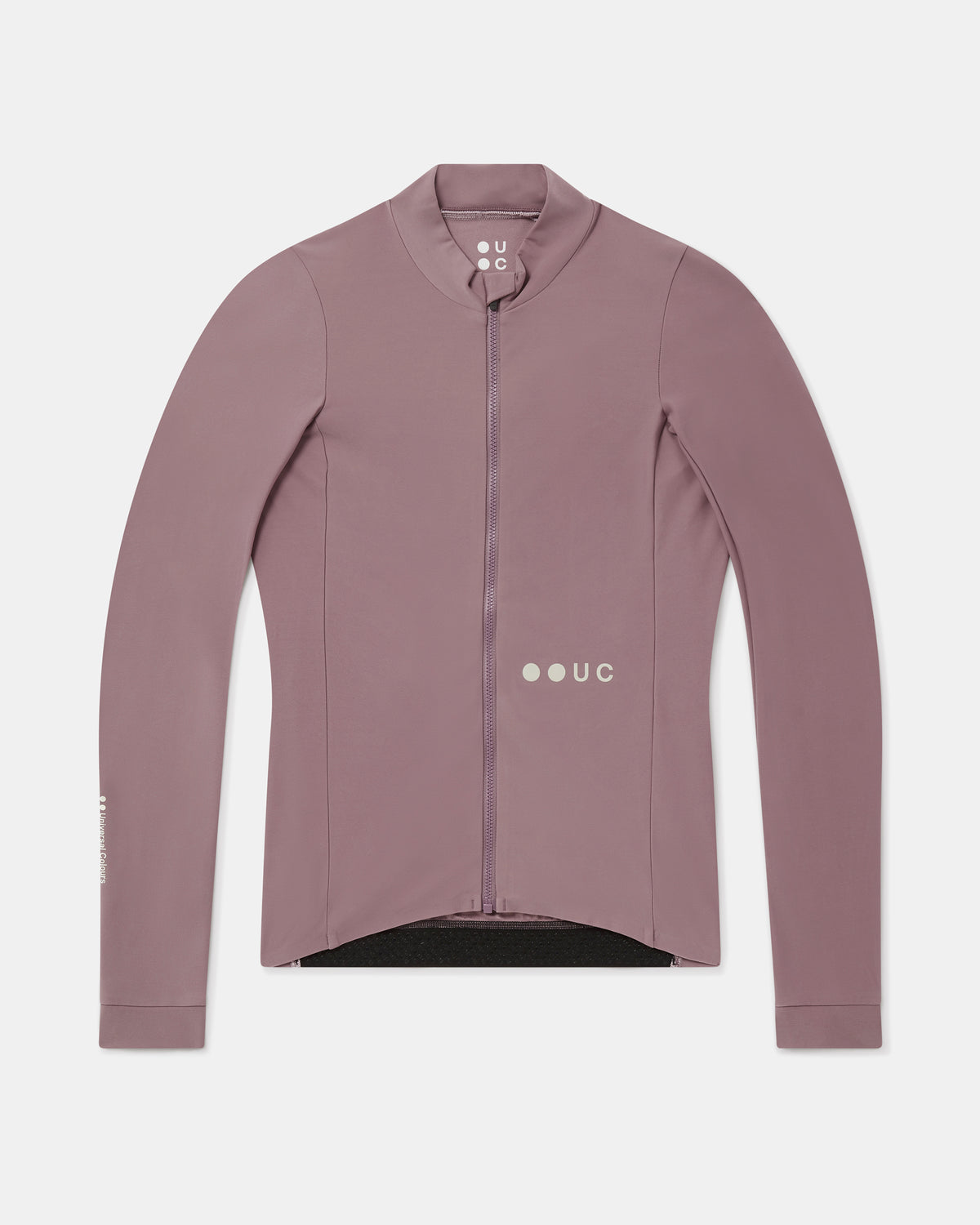 Flatlay of the Women's Mono Long Sleeve Jersey in Mauve Mist: full-length front zip, high collar and UC logo.