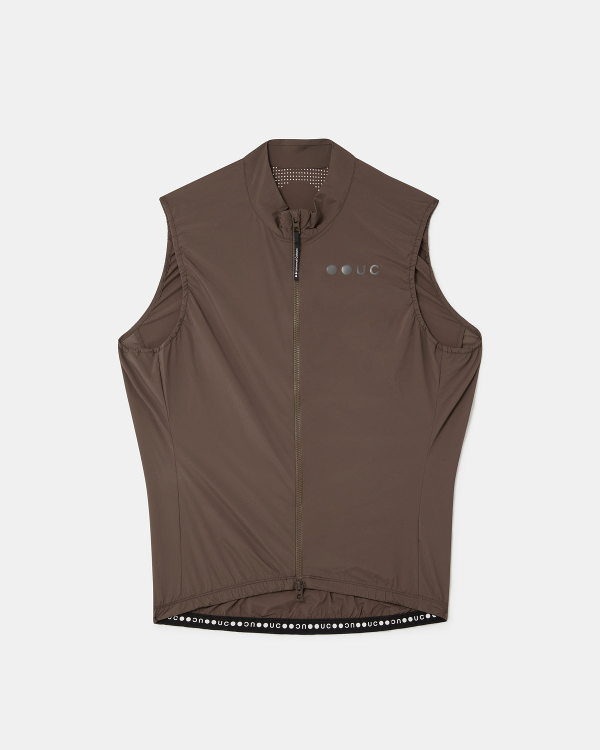 Flatlay of the Women's Mono Gilet 2.0 in Stone Brown: mock collar, full-length zip and UC chest logo.