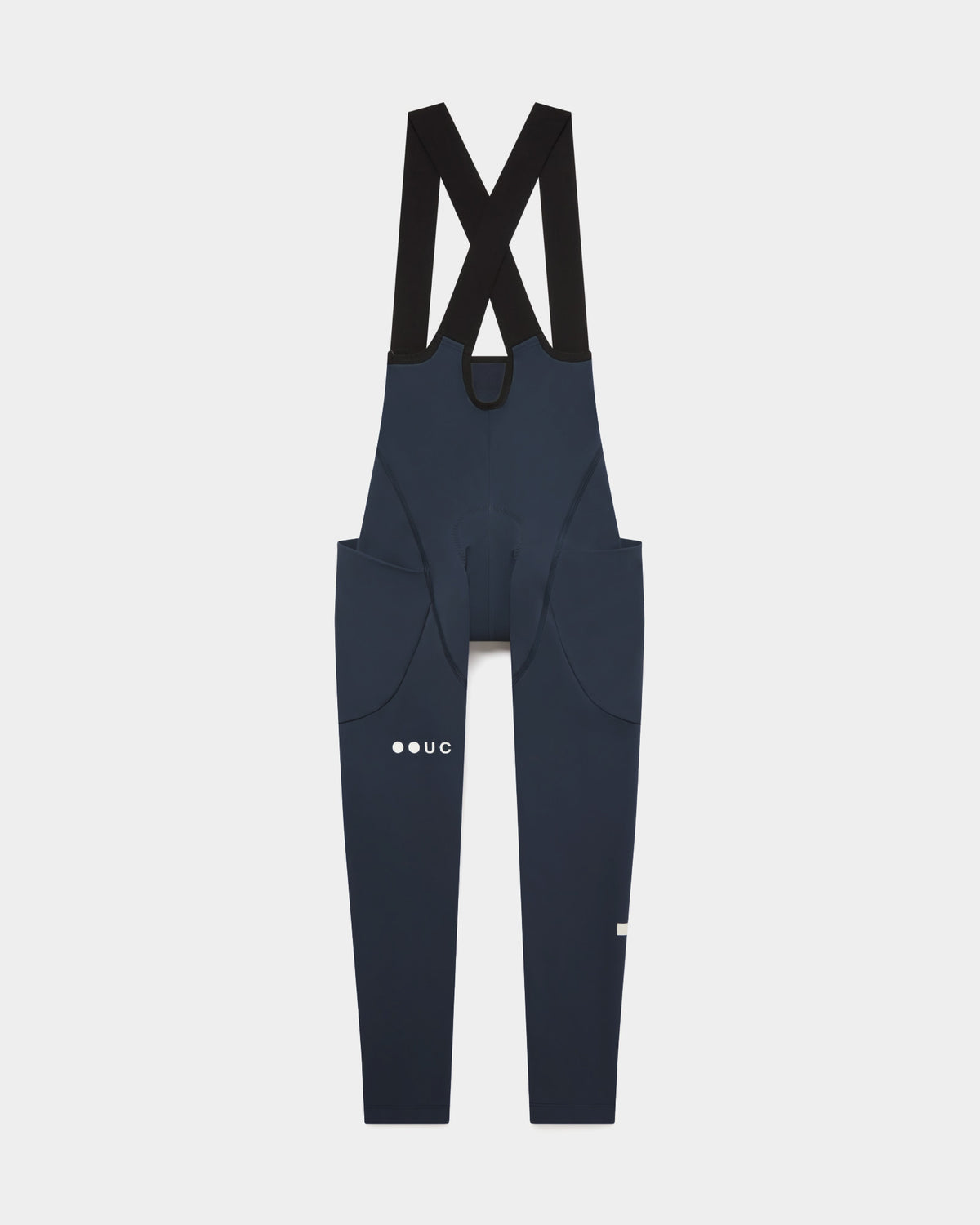 Women's Mono Cargo Bib Tight in Eclipse Navy, flatlay front view: crossover straps and twin stretch thigh cargo pockets.