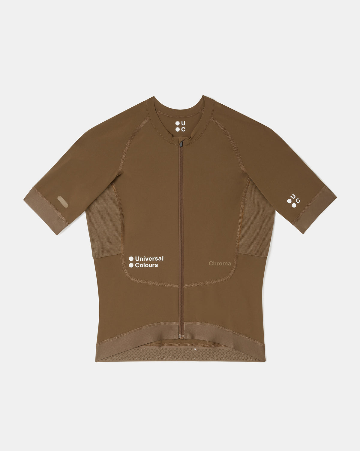 Flatlay of the Women's Chroma Short Sleeve Jersey in Golden Brown: full-length zip, raglan sleeves and mesh side panels.