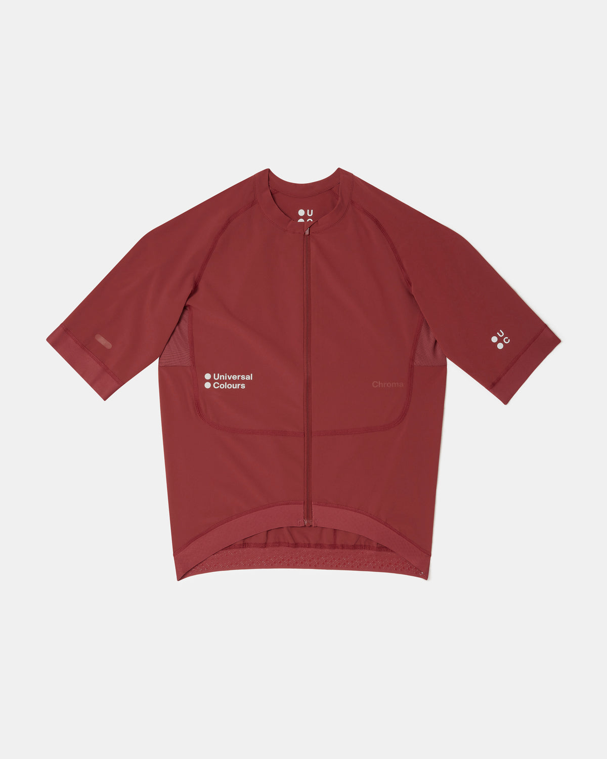 Flatlay of the Men's Chroma Short Sleeve Jersey in Earth Red, front view with full-length zip and raglan sleeves.