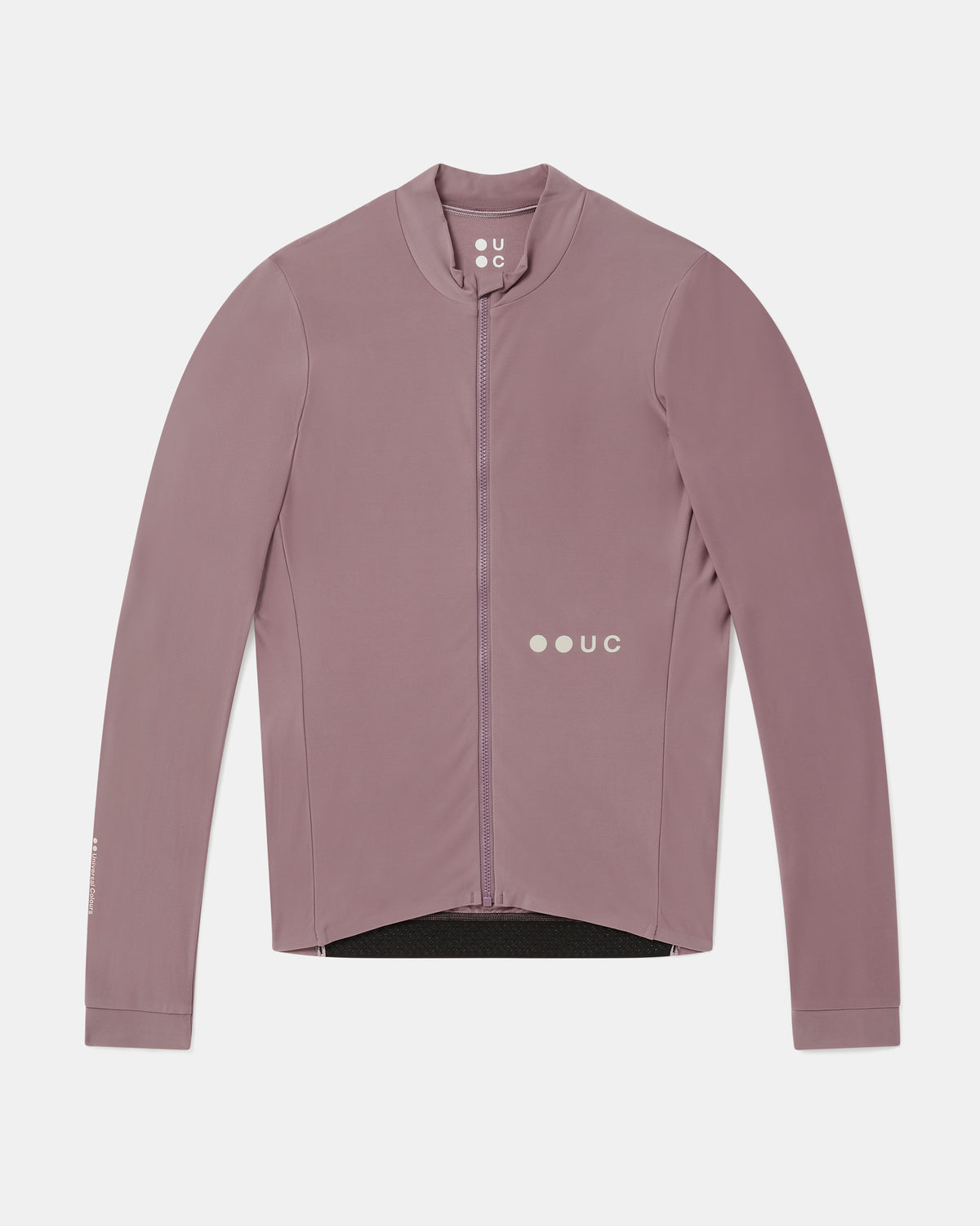 Flatlay of the Men's Mono Long Sleeve Jersey in Mauve Mist: mock collar, full-length zip and UC logo.