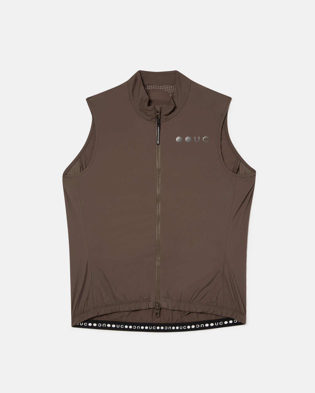 Men's Mono Gilet 2.0 in Stone Brown, flatlay front view: high collar, full-length zip, UC logo and gripper hem.