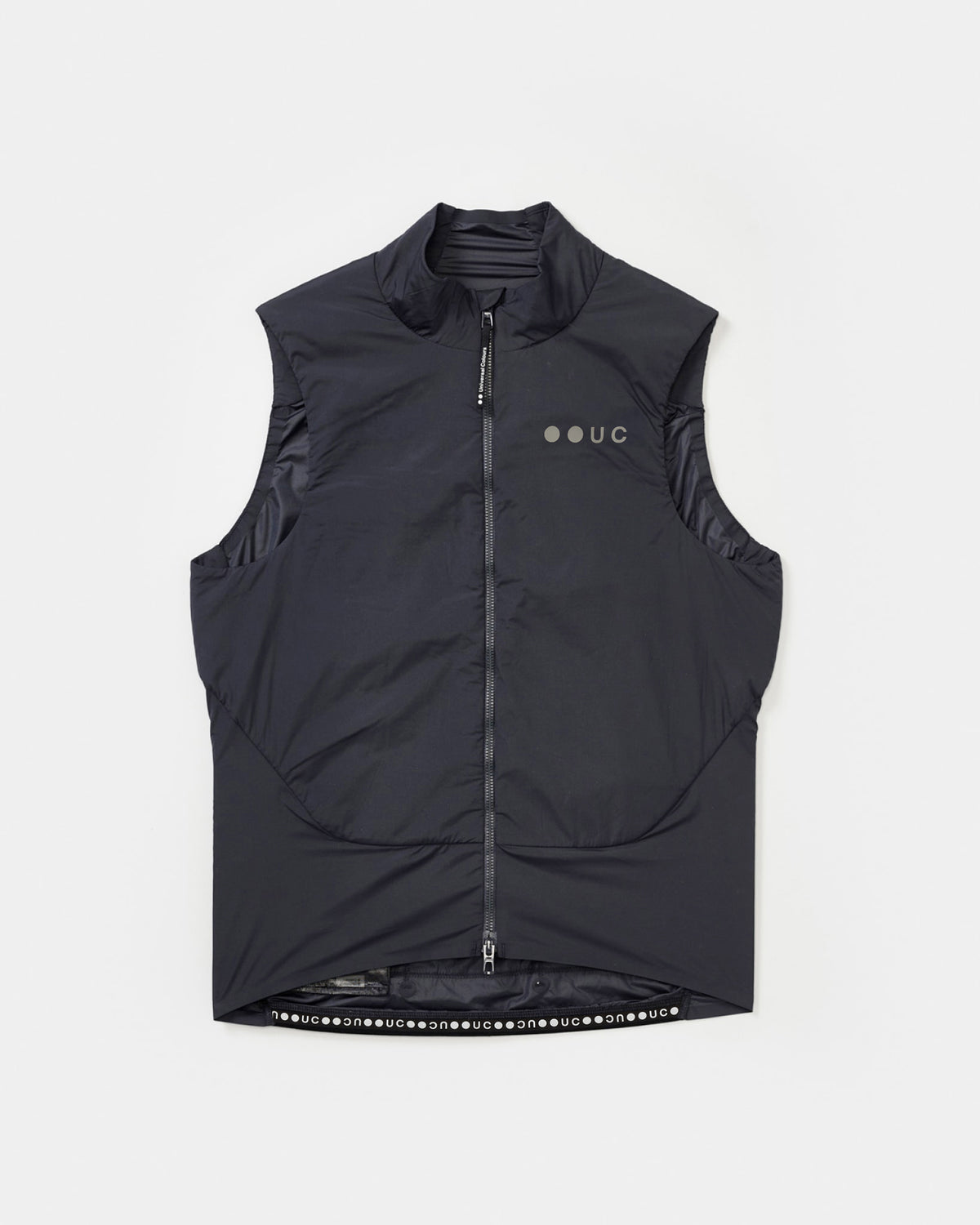Flatlay of the Men's Chroma Insulated Gilet in Slate Grey: high collar, two-way zip and UC chest logo.