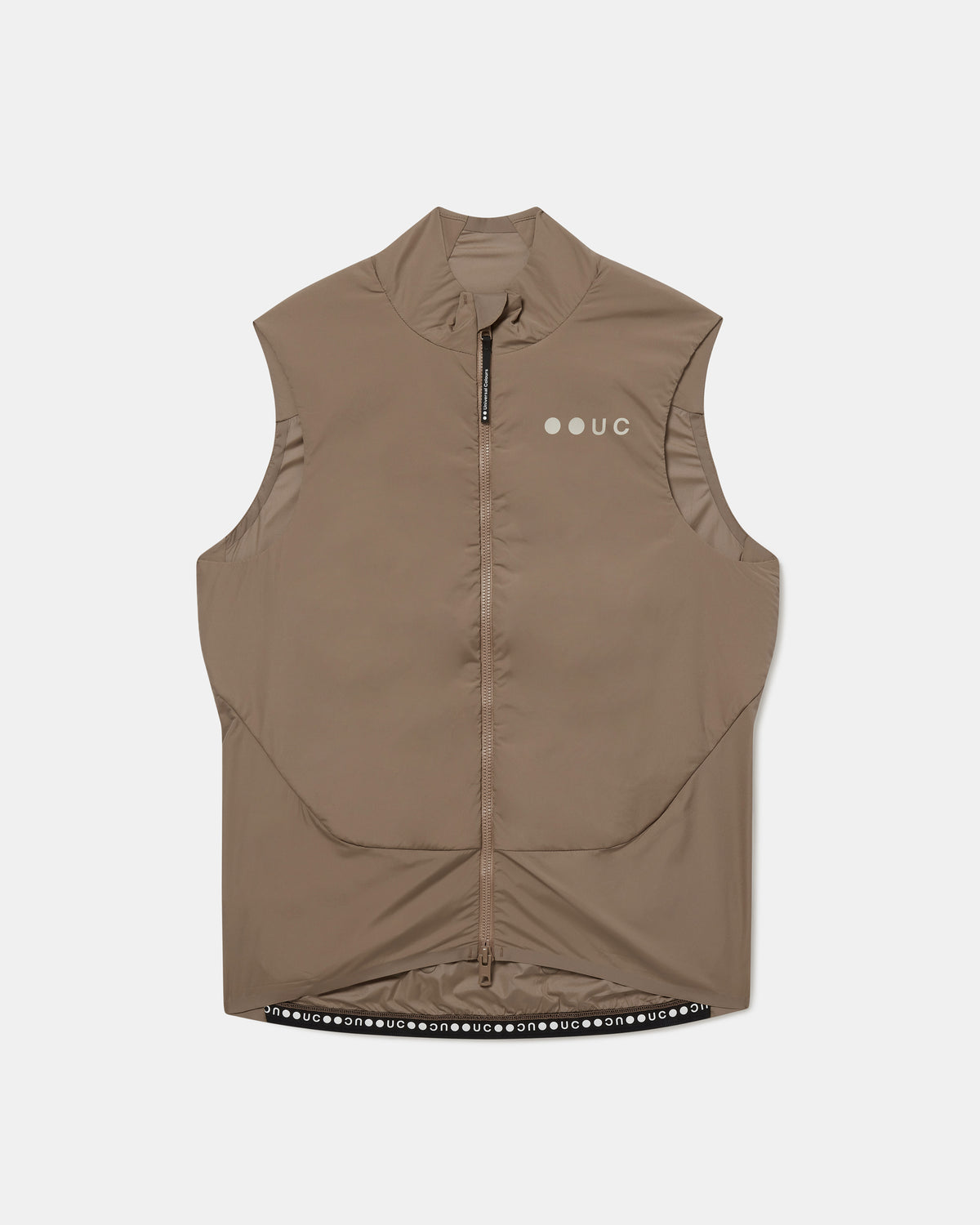 Flatlay of the Women's Chroma Insulated Gilet in Walnut Brown: high collar, two-way zip and UC chest logo.