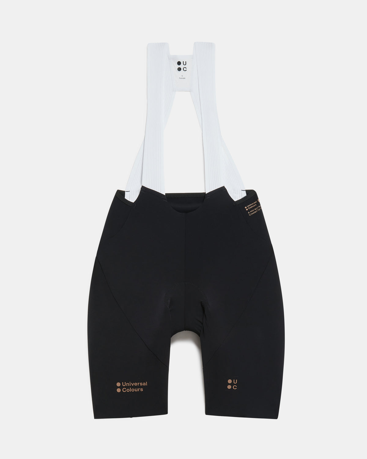 Flatlay of the Women's Chroma Bib Shorts in Black/Bronze: ribbed bib straps, Universal Colours hip print and leg logos.