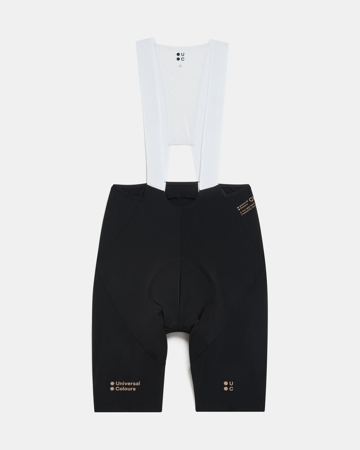 Flatlay of the Men's Chroma Bib Shorts in Black/Bronze: ribbed bib straps, mesh bib upper and Universal Colours leg logos.