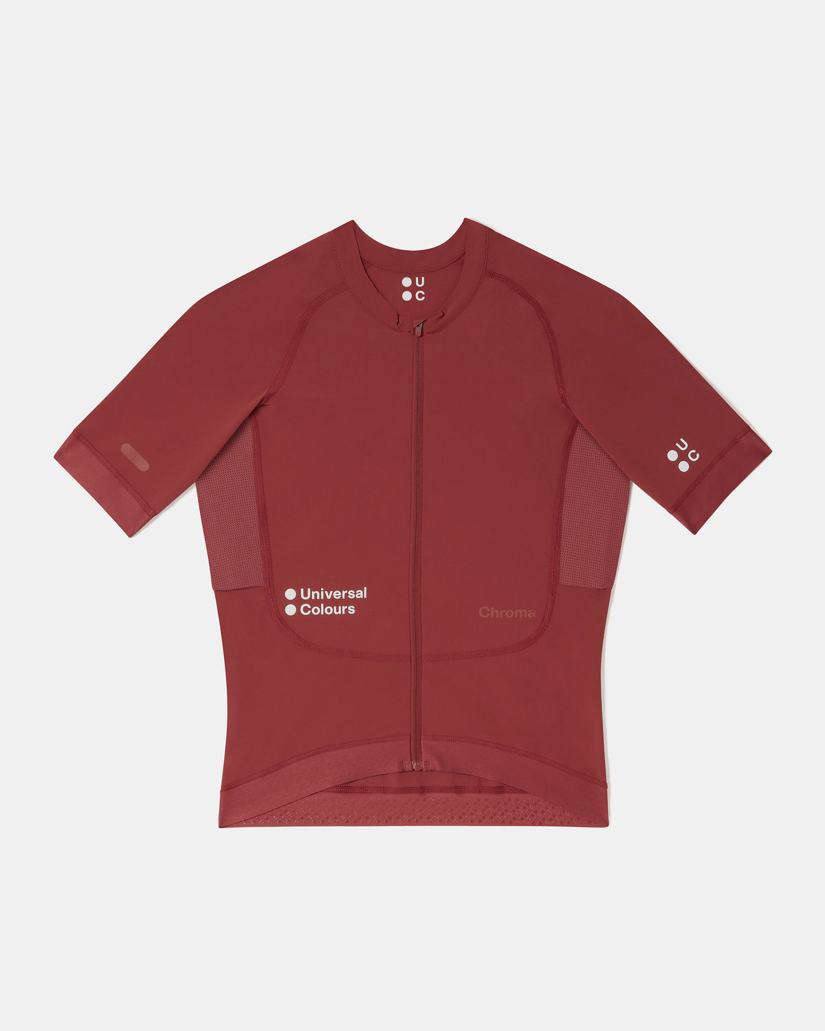 Flatlay of the Women's Chroma Short Sleeve Jersey in Earth Red: full-length zip, raglan sleeves and mesh side panels.