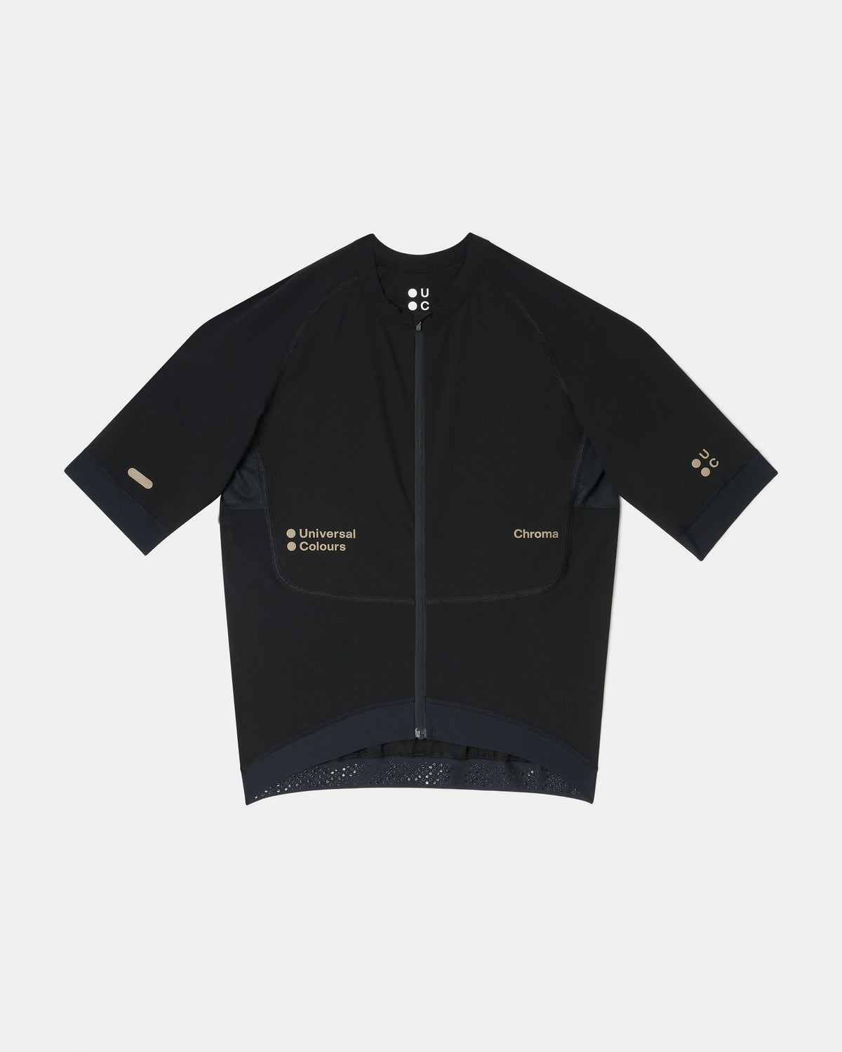 Flatlay of the Men's Chroma Short Sleeve Jersey in Black/Bronze, front view with full-length zip and raglan sleeves.