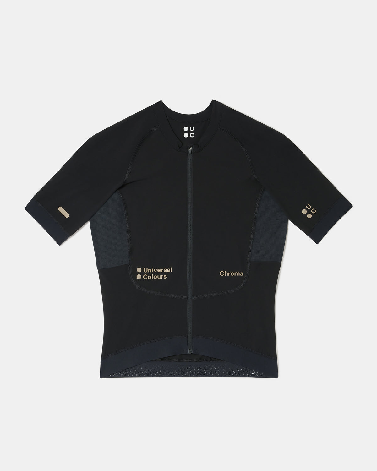 Flatlay of the Women's Chroma Short Sleeve Jersey in Black/Bronze: full-length zip, raglan sleeves and mesh side panels.