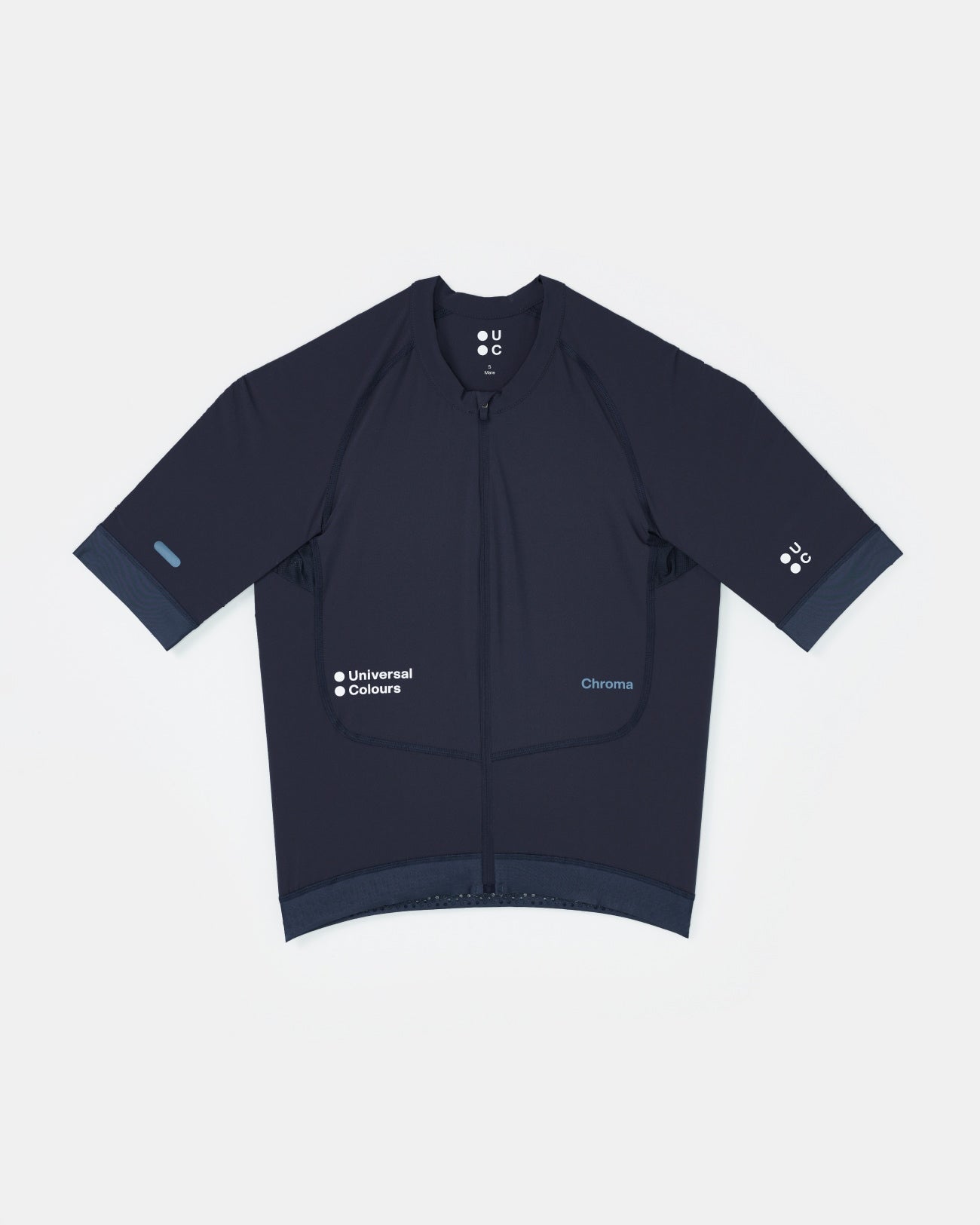 Flatlay of the Men's Chroma Short Sleeve Jersey in Midnight Blue: full-length zip, UC chest logo, Chroma wordmark on hip.