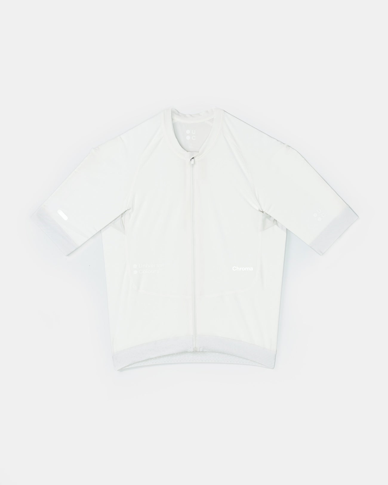 Flatlay: Men's Chroma Short Sleeve Jersey in Off White, full zip with tonal Universal Colours and Chroma wordmarks.
