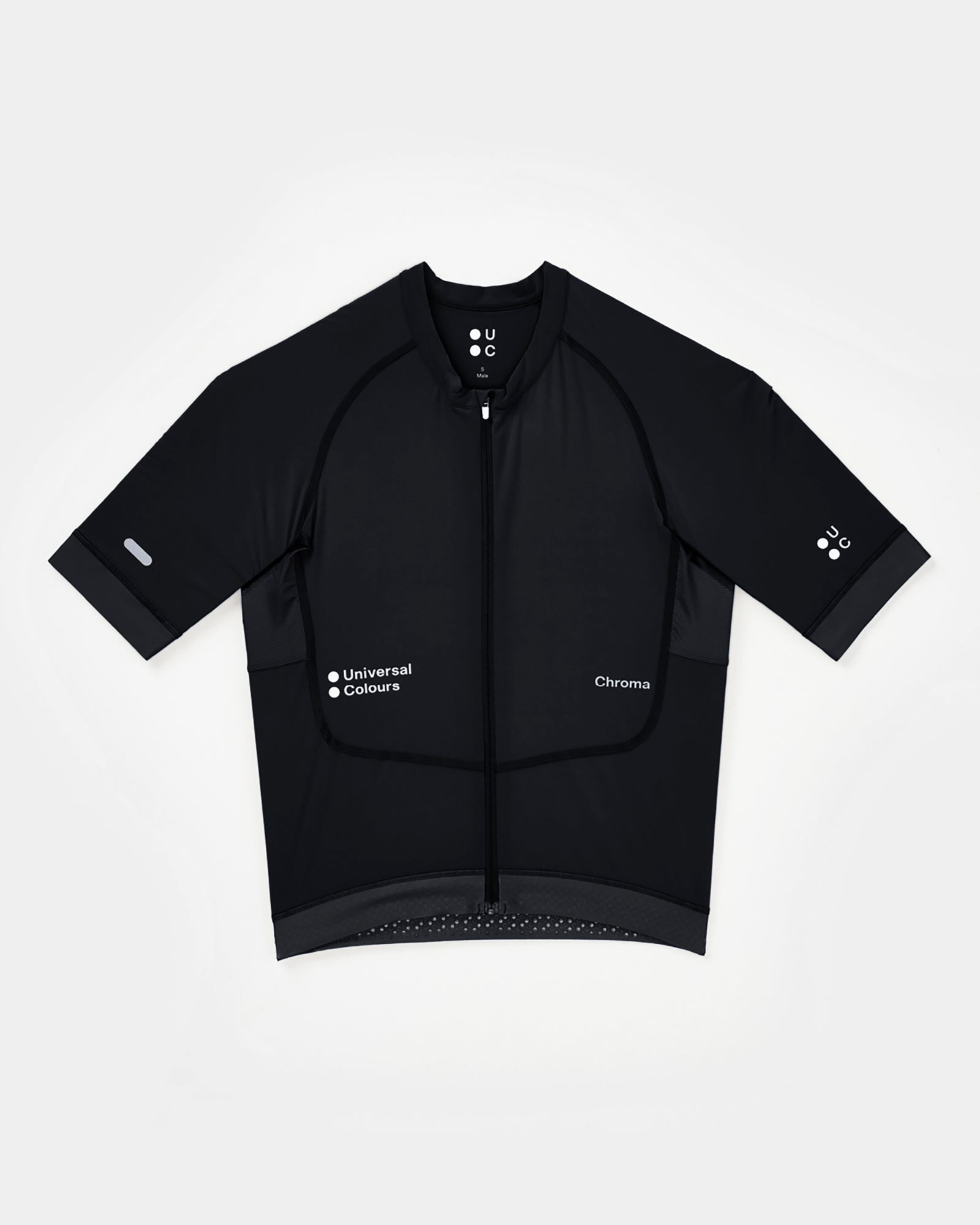 Men's Chroma Short Sleeve Jersey in Black, flatlay: full-length zip, white UC sleeve logo and dotted gripper hem.