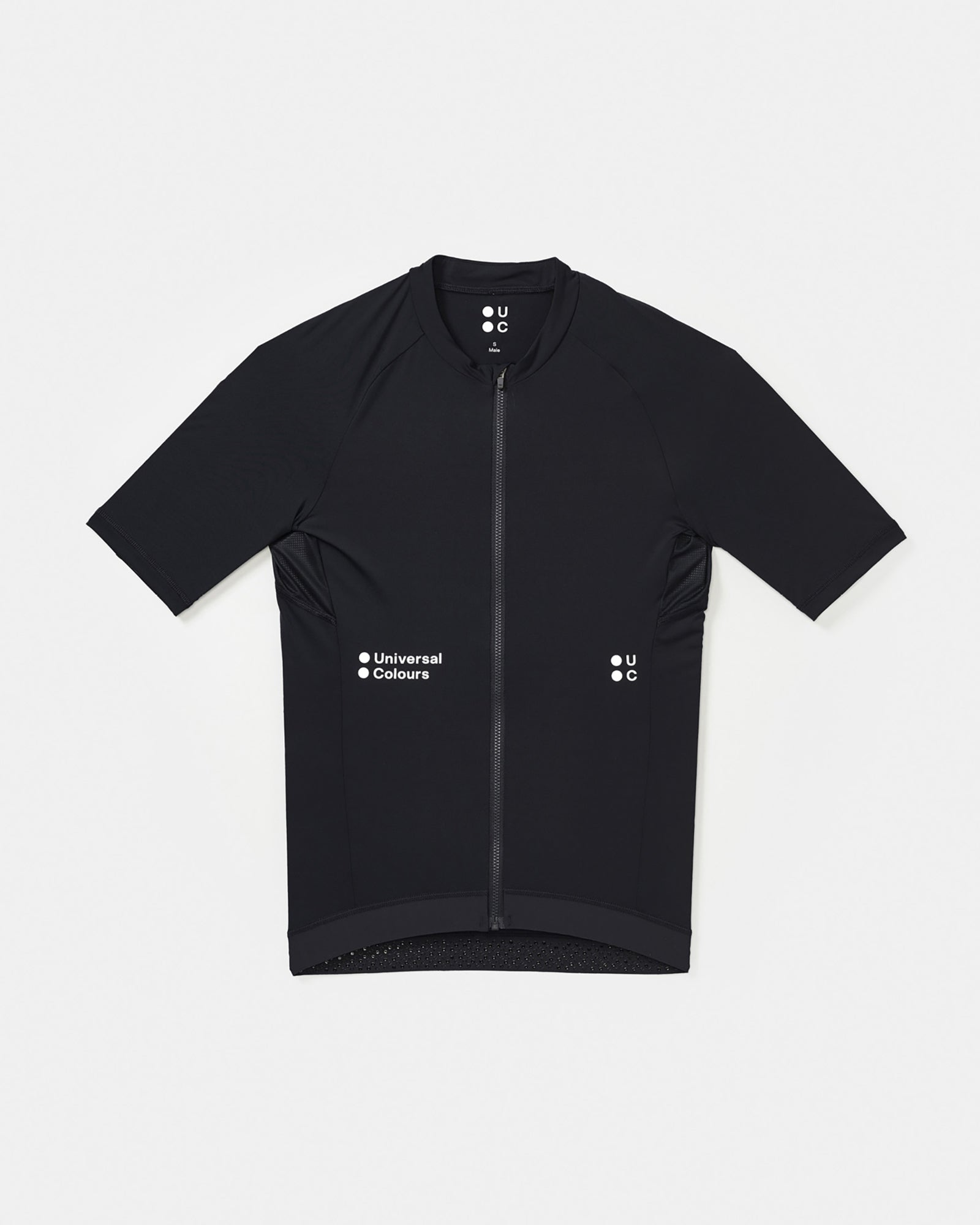 Flatlay of the Men's Mono Short Sleeve Jersey in Black: mock collar, full-length zip and white UC chest wordmarks.