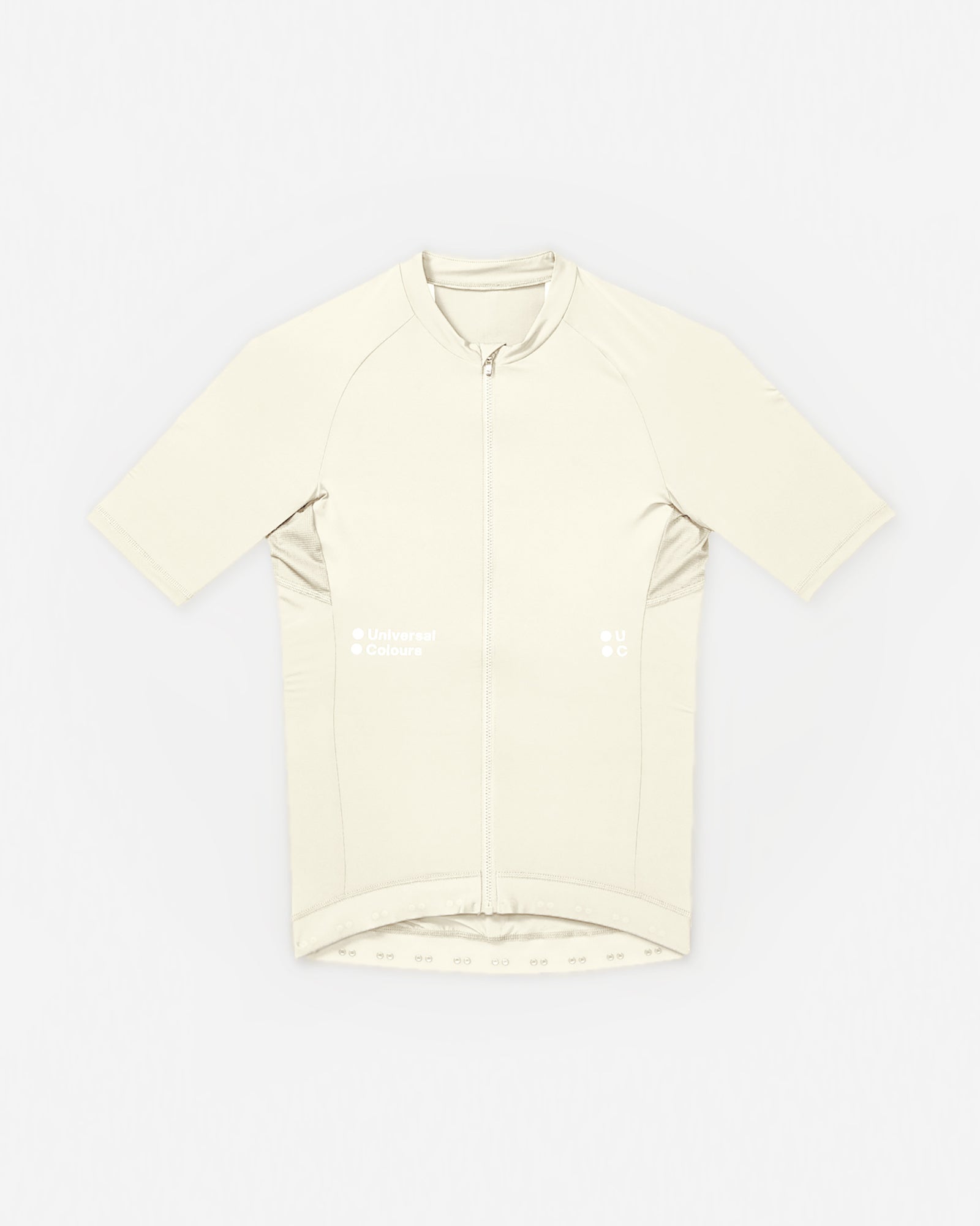 Men's Mono Short Sleeve Jersey in Tampered White, flatlay: full-length zip, raglan sleeves and tonal UC chest logos.