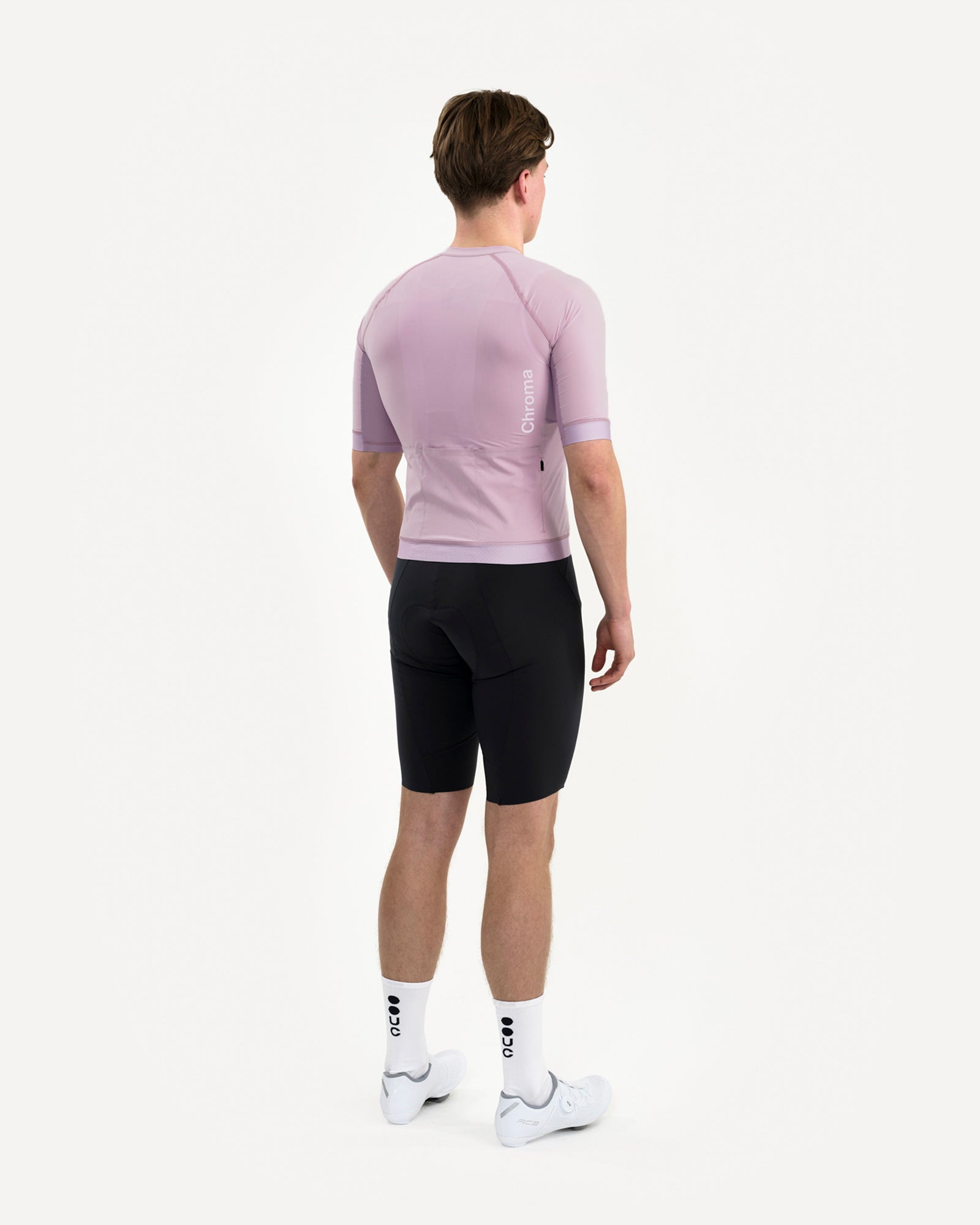 Back view of the Washed Lilac Chroma Short Sleeve Jersey showing the tonal Chroma wordmark on the upper right back.