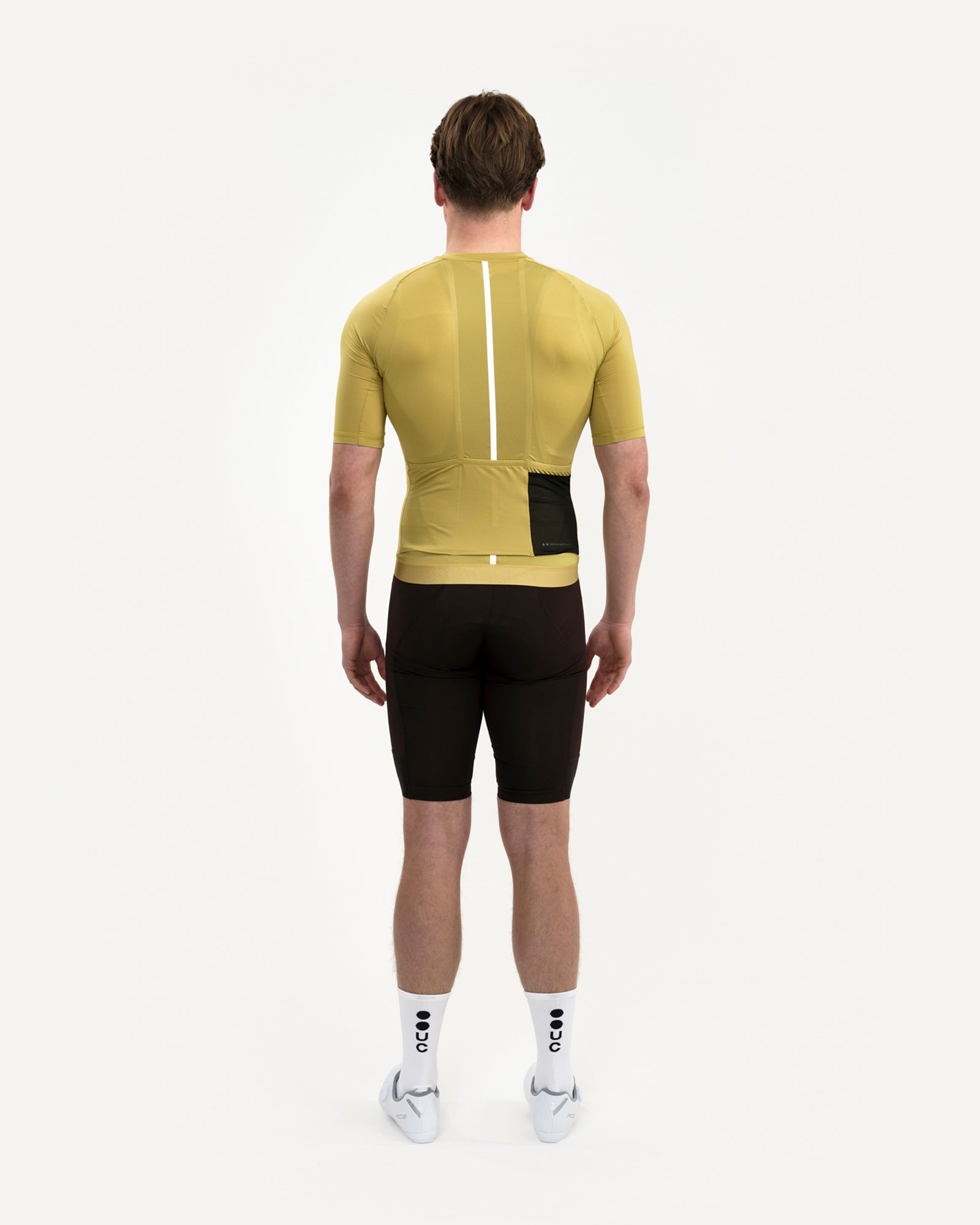 Back view: Men's Mono Short Sleeve Jersey in Acidic Yellow with reflective centre stripe and black mesh rear pocket.