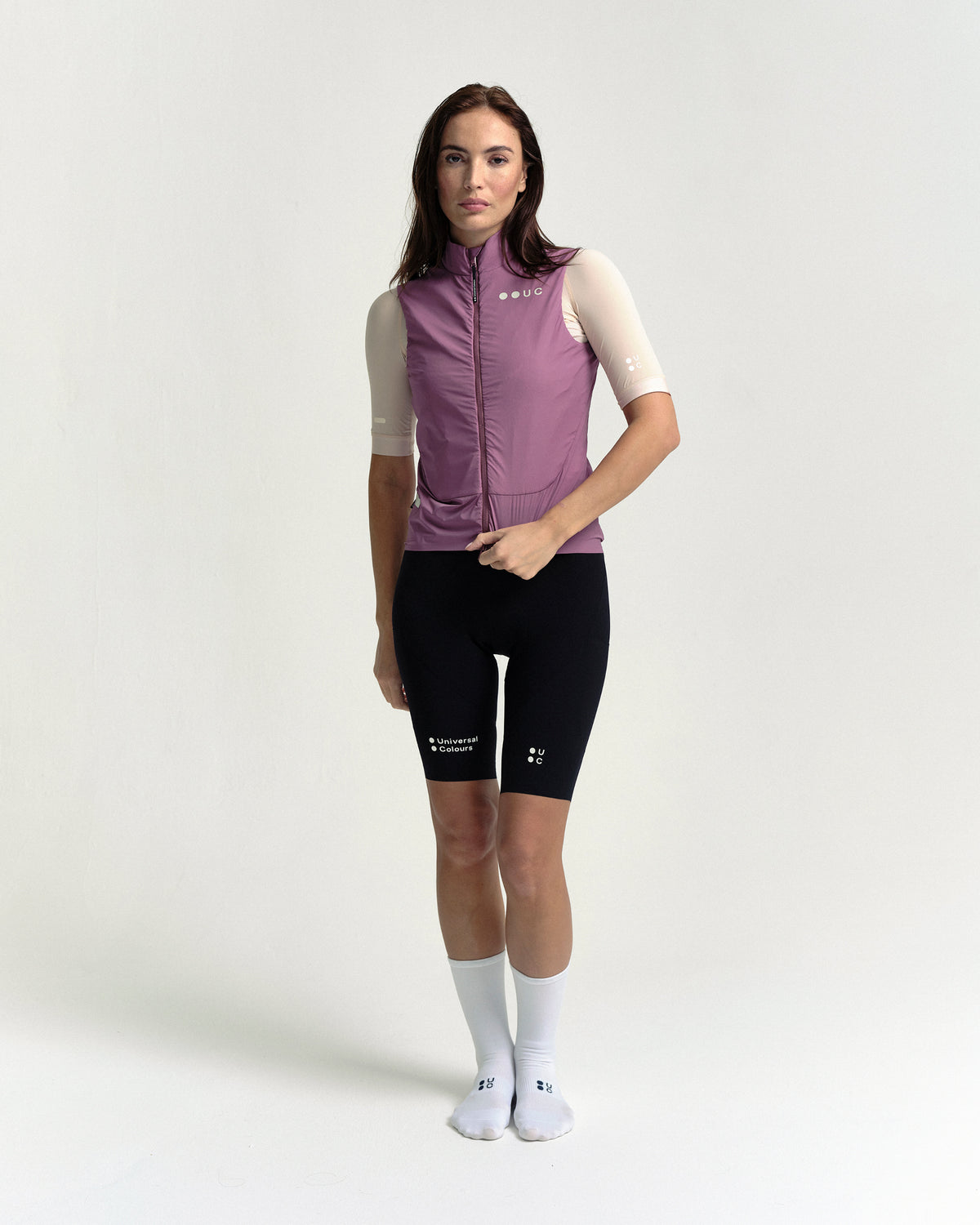 Model in the Women's Chroma Insulated Gilet in Dusty Rose, full-length view.