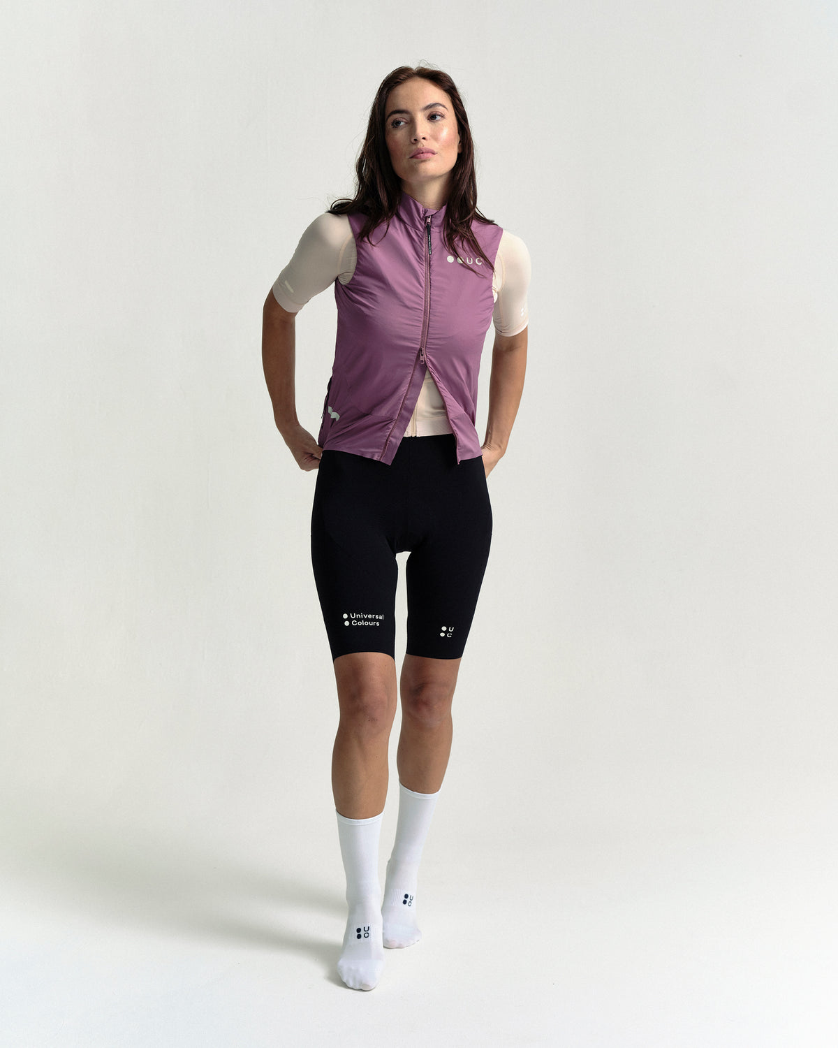 Model wearing the Women's Chroma Insulated Gilet in Dusty Rose.