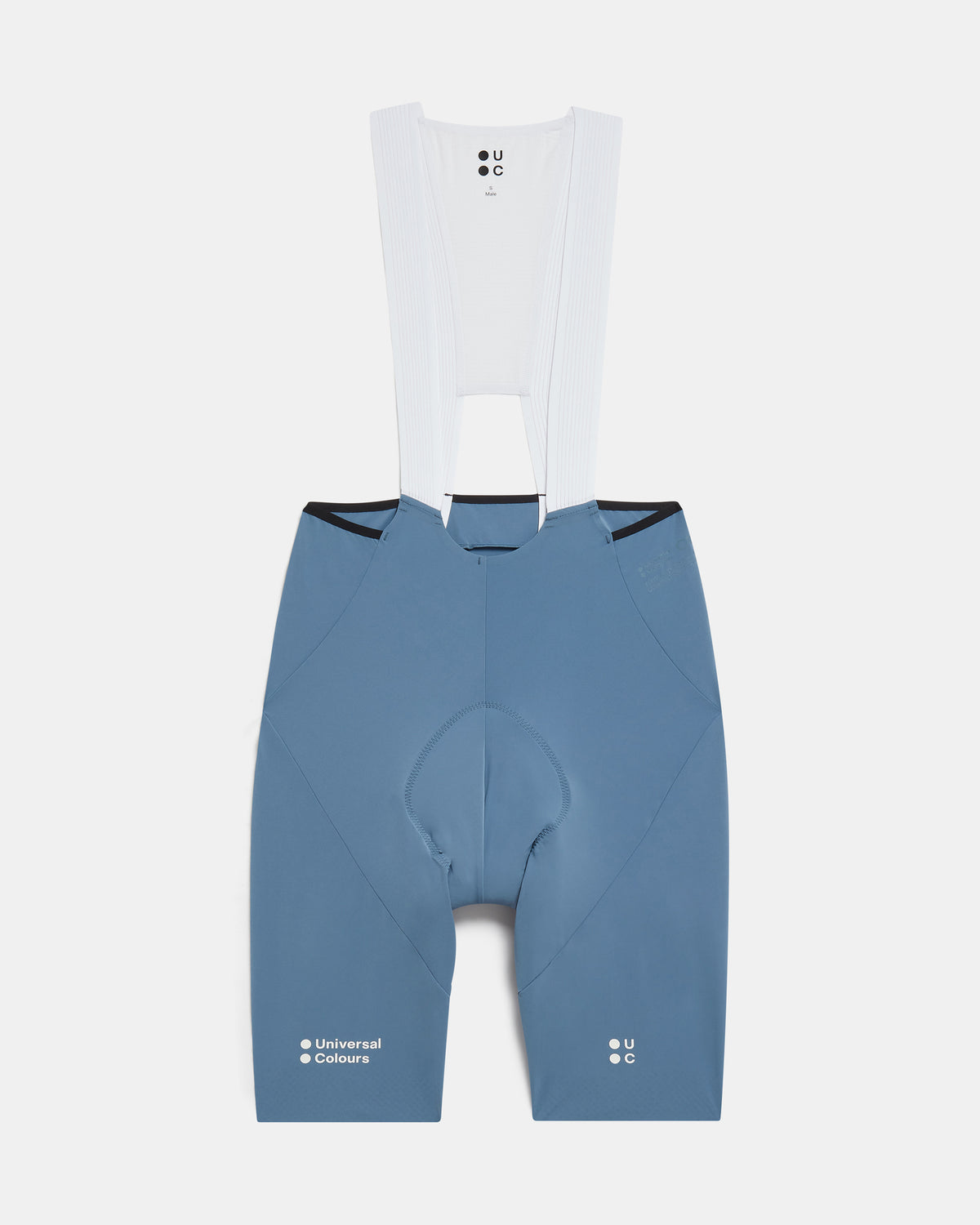 Flatlay of the Men's Chroma Bib Shorts in Slate Blue: ribbed bib straps, mesh bib upper and Universal Colours leg logos.