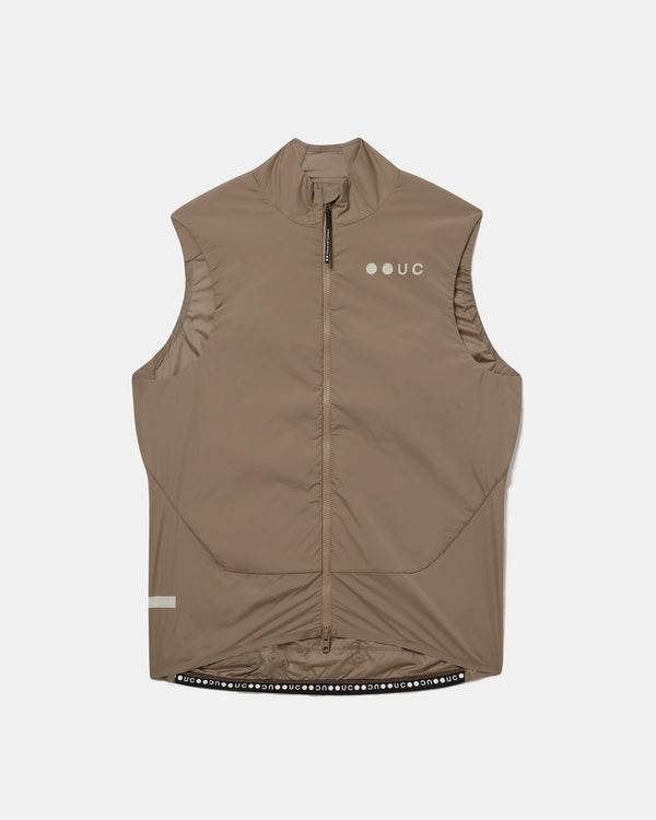 Flatlay of the Men's Chroma Insulated Gilet in Walnut Brown: high collar, two-way zip and UC chest logo.