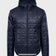 Flatlay of the Unisex Insulated Packable Jacket in Ink Blue, front view with hood and full-length zip.