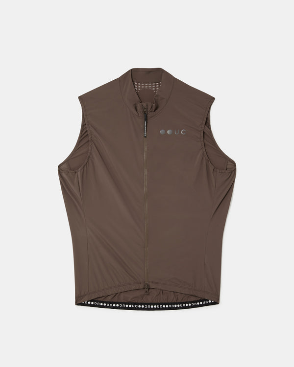 Flatlay of the Women's Mono Gilet 2.0 in Stone Brown: mock collar, full-length zip and UC chest logo.