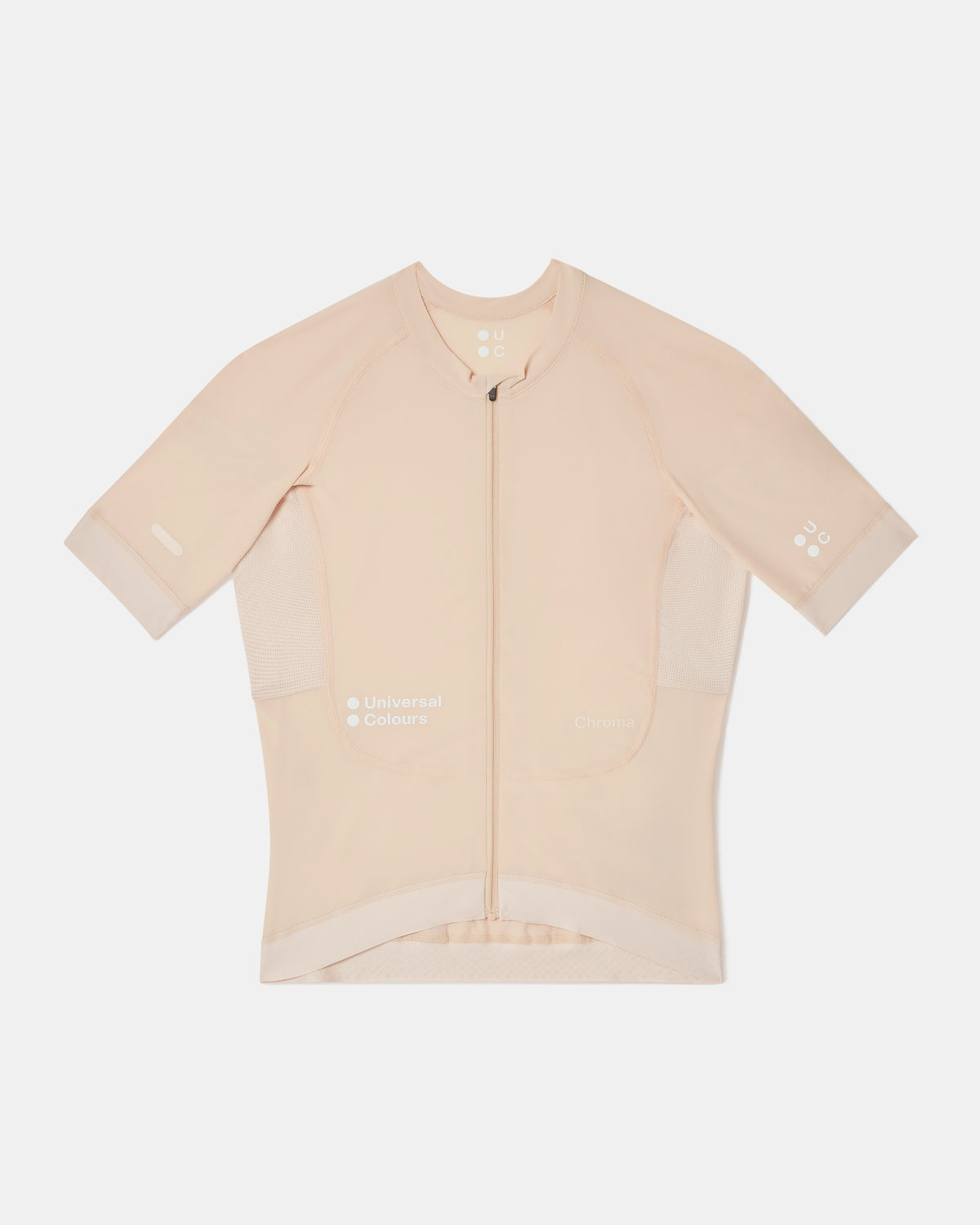 Flatlay of the Women's Chroma Short Sleeve Jersey in Almond: full-length zip, raglan sleeves and mesh side panels.