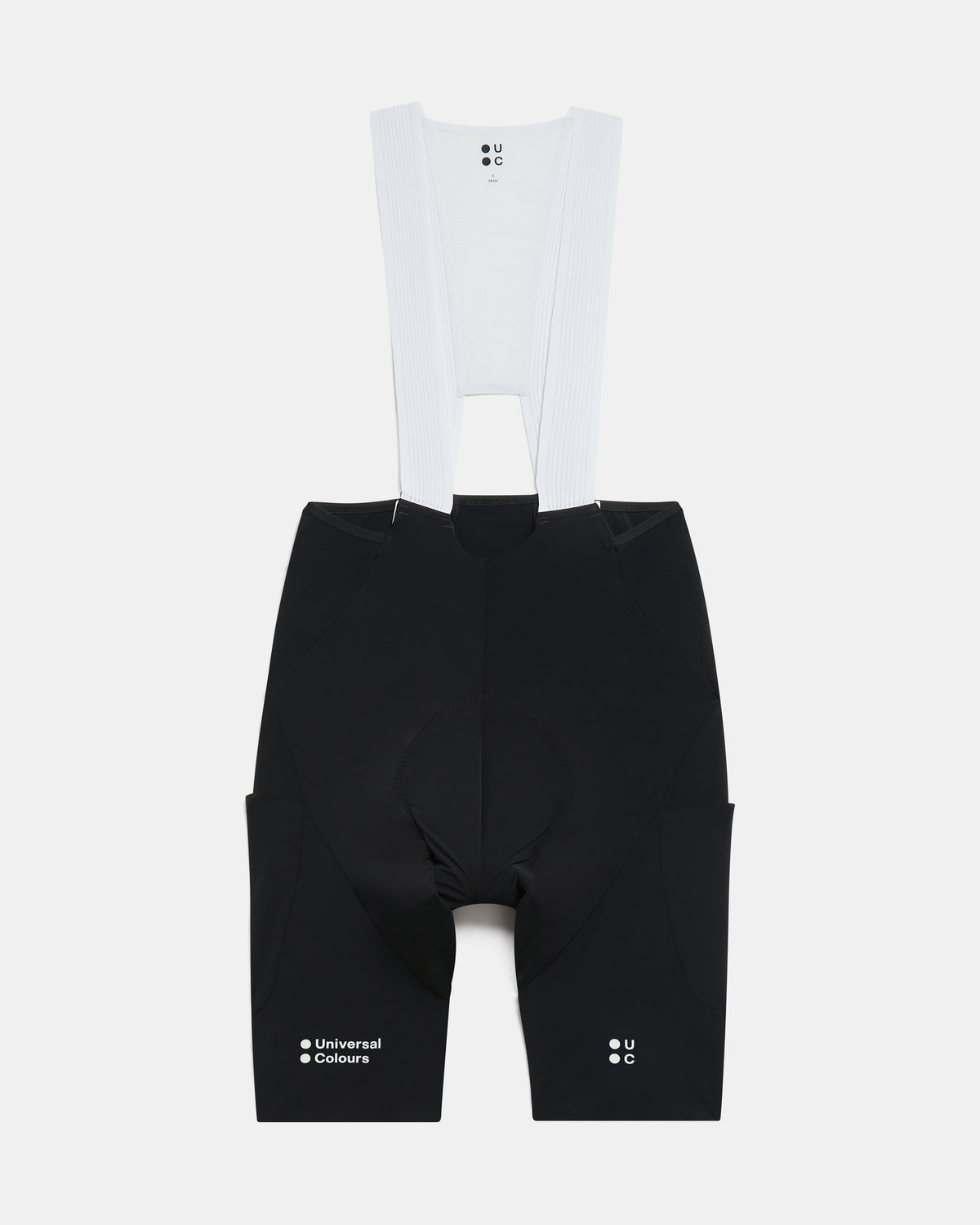 Flatlay of the Men's Chroma Cargo Bib Shorts in Black: ribbed bib straps, a pocket on each thigh and Universal Colours leg logos.