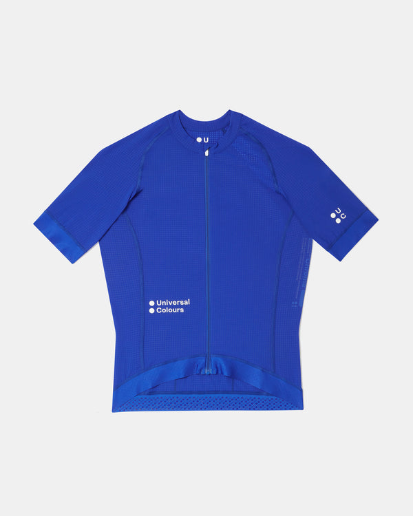 Women's Chroma Light Short Sleeve Jersey in Vivid Blue, flatlay front view showing ripstop grid fabric and full-length zip.