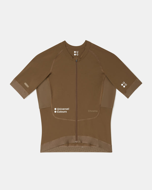 Flatlay of the Women's Chroma Short Sleeve Jersey in Golden Brown: full-length zip, raglan sleeves and mesh side panels.