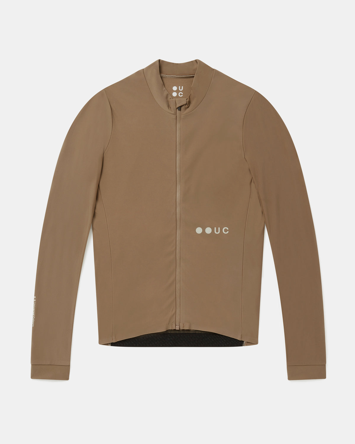 Flatlay of the Men's Mono Long Sleeve Jersey in Walnut Brown: mock collar, full-length zip and UC logo.