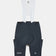 Flatlay of the Men's Chroma Cargo Bib Shorts in Navy Blue: ribbed bib straps, a pocket on each thigh and Universal Colours leg logos.