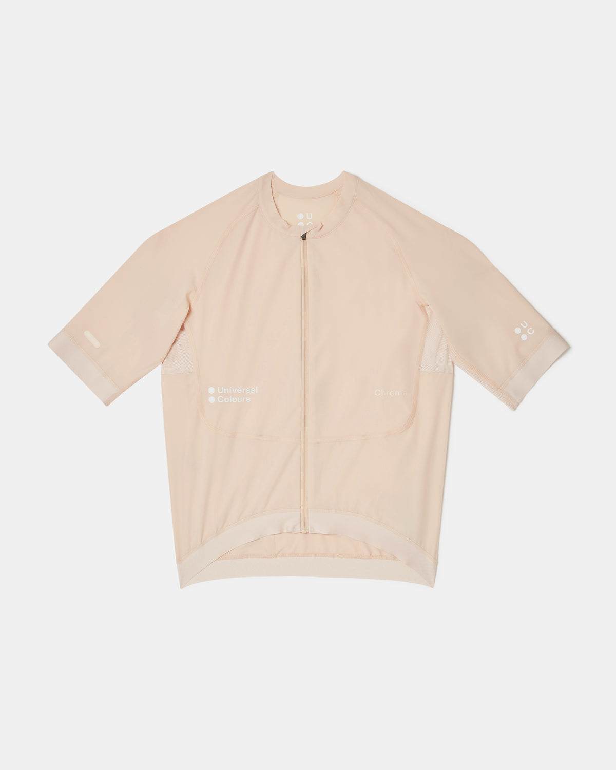 Flatlay of the Men's Chroma Short Sleeve Jersey in Almond, front view with full-length zip and raglan sleeves.