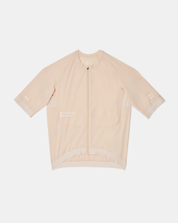 Flatlay of the Men's Chroma Short Sleeve Jersey in Almond, front view with full-length zip and raglan sleeves.