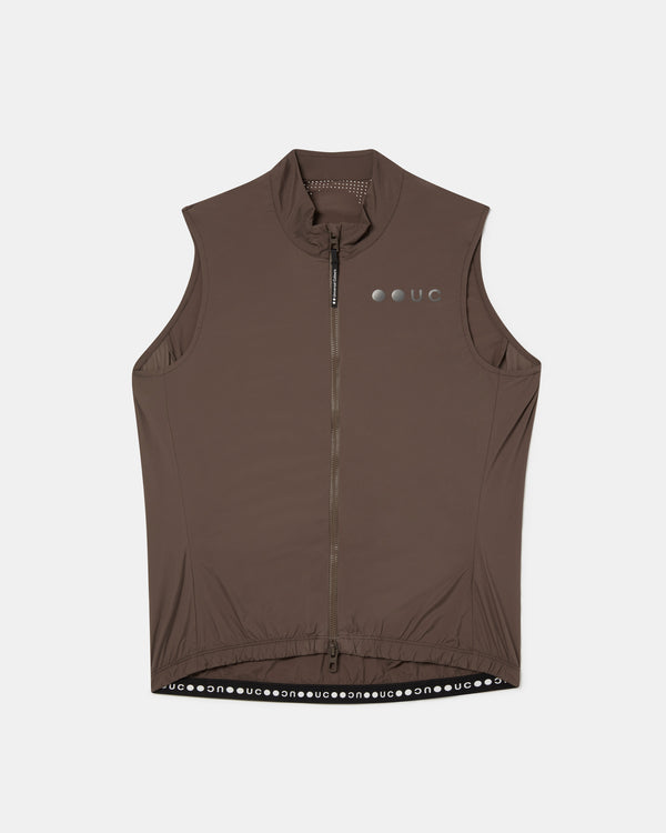 Men's Mono Gilet 2.0 in Stone Brown, flatlay front view: high collar, full-length zip, UC logo and gripper hem.