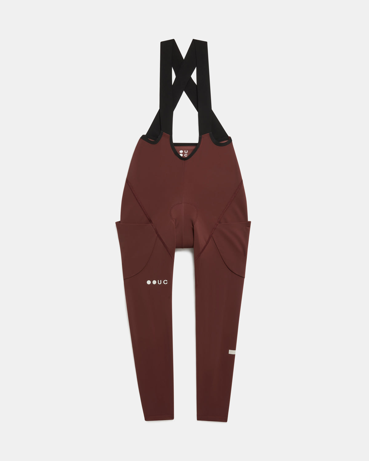 Women's Mono Cargo Bib Tight in Deep Red, flatlay front view: crossover straps and twin stretch thigh cargo pockets.