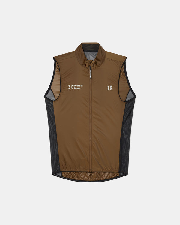 Flatlay of the Men's Spectrum Gilet 2.0 in Honey Gold, front view in iridescent ripstop.
