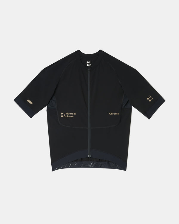 Flatlay of the Men's Chroma Short Sleeve Jersey in Black/Bronze, front view with full-length zip and raglan sleeves.