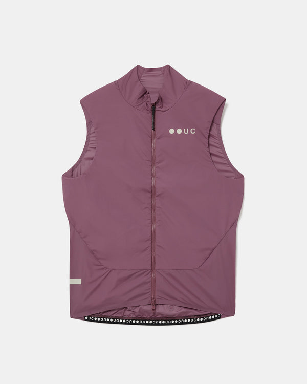 Flatlay of the Men's Chroma Insulated Gilet in Dusty Rose: high collar, two-way zip and UC chest logo.