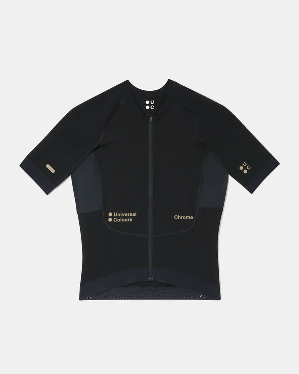 Flatlay of the Women's Chroma Short Sleeve Jersey in Black/Bronze: full-length zip, raglan sleeves and mesh side panels.