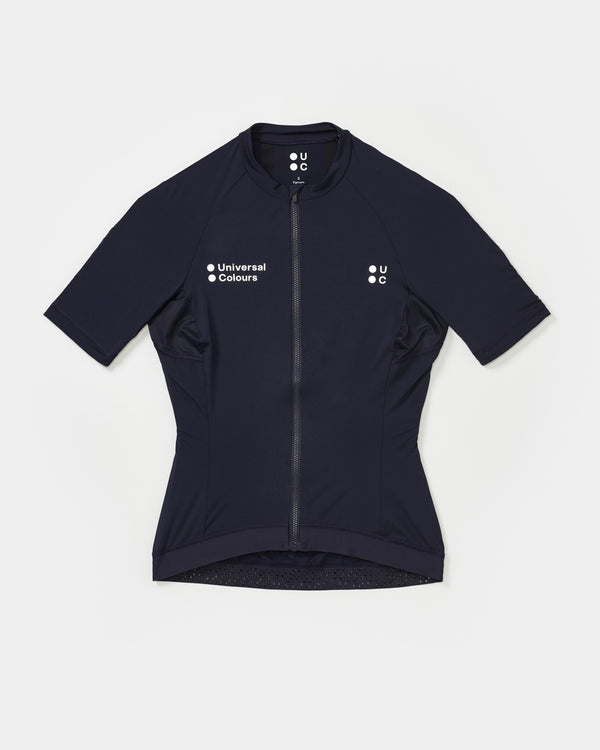 Women's Mono Short Sleeve Jersey in Navy Blue, front flatlay: full-length zip, white UC wordmark and roundel logos.