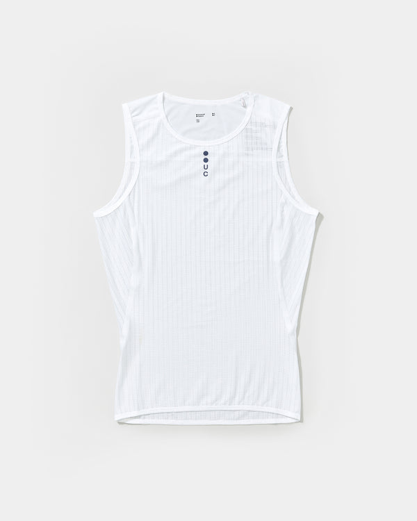Men's Mono Sleeveless Base Layer in White, flatlay: ribbed mesh fabric, scoop neckline and tonal navy UC chest logo.