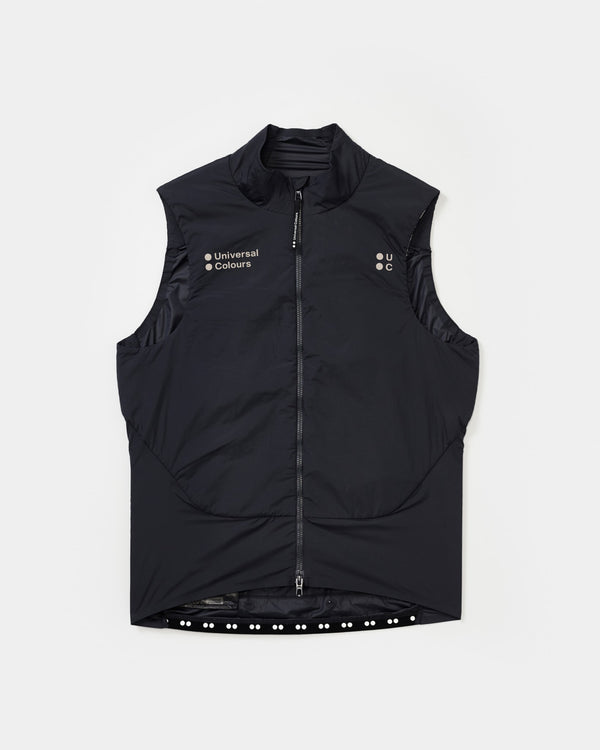 Flatlay front of the Chroma Insulated Gilet in Slate Grey: high collar, full-length two-way zip and tonal UC chest logos.