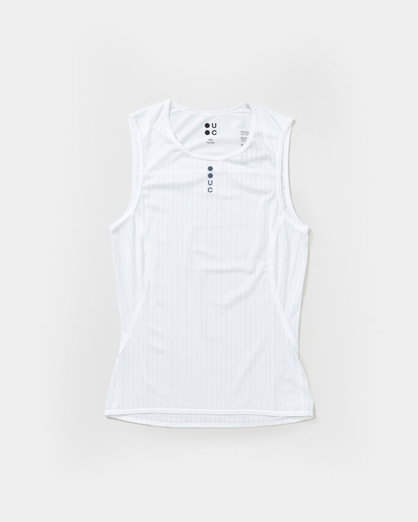 Front flatlay of the Women's Mono Sleeveless Base Layer in White: scoop neck and vertical ribbed mesh structure.