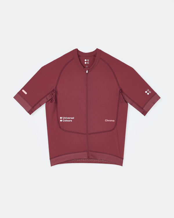 Flatlay of the Men's Chroma Short Sleeve Jersey in Jaipur Red: front zip, chest logo and tonal Chroma hip mark.