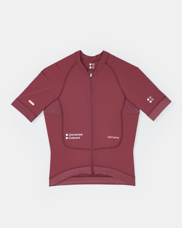 Women's Chroma Short Sleeve Jersey in Jaipur Red flatlay: full zip, side mesh panels and tonal Universal Colours wordmark.